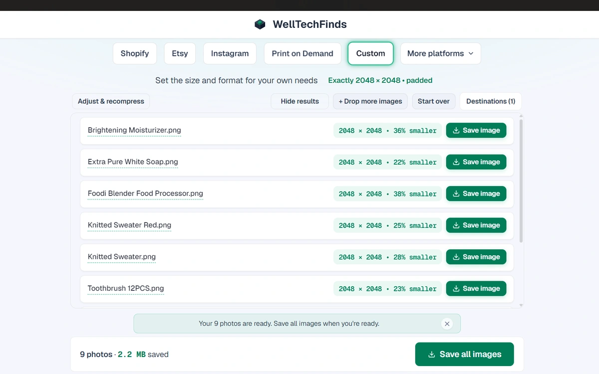 WellTechFinds results screen showing processed images ready to save, with Save all images button