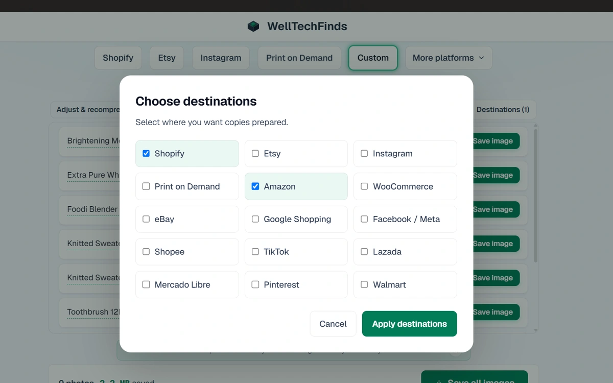 WellTechFinds destination picker with Shopify and Amazon selected as export destinations
