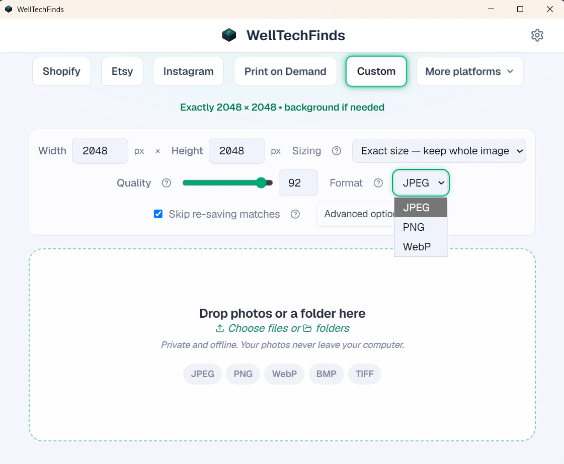 WellTechFinds Custom mode with JPEG selected, WebP input support, quality controls and a folder drop area
