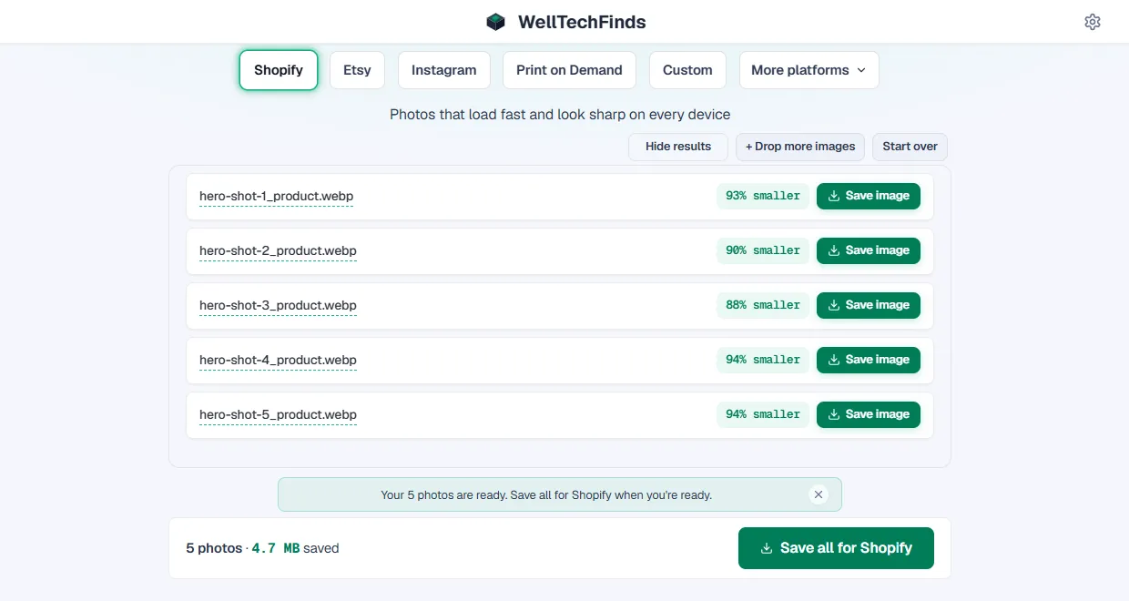 WellTechFinds Windows app with three product photos compressed locally