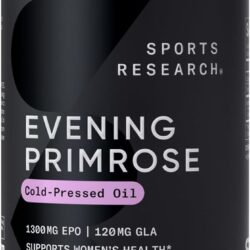 Bottle of Sports Research Evening Primrose Oil (1300mg) – Cold-pressed, non-GMO supplement with no fillers or artificial ingredients. Supports hormonal balance, skin health, and overall wellness.