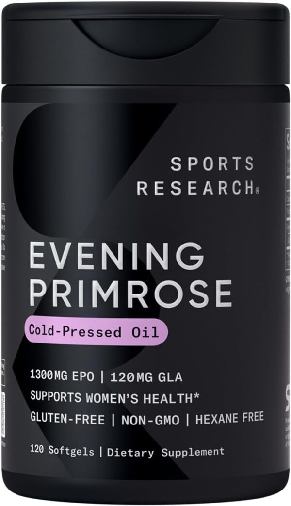 Bottle of Sports Research Evening Primrose Oil (1300mg) – Cold-pressed, non-GMO supplement with no fillers or artificial ingredients. Supports hormonal balance, skin health, and overall wellness.