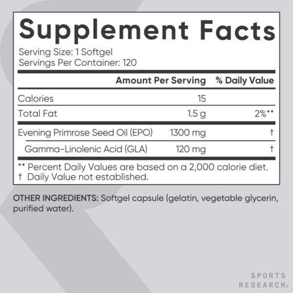 Bottle of Sports Research Evening Primrose Oil (1300mg) – Cold-pressed, non-GMO supplement with no fillers or artificial ingredients. Supports hormonal balance, skin health, and overall wellness.