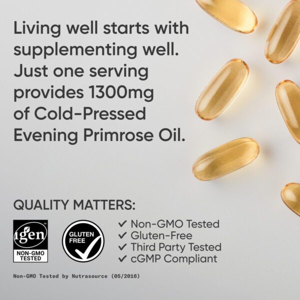 Bottle of Sports Research Evening Primrose Oil (1300mg) – Cold-pressed, non-GMO supplement with no fillers or artificial ingredients. Supports hormonal balance, skin health, and overall wellness.