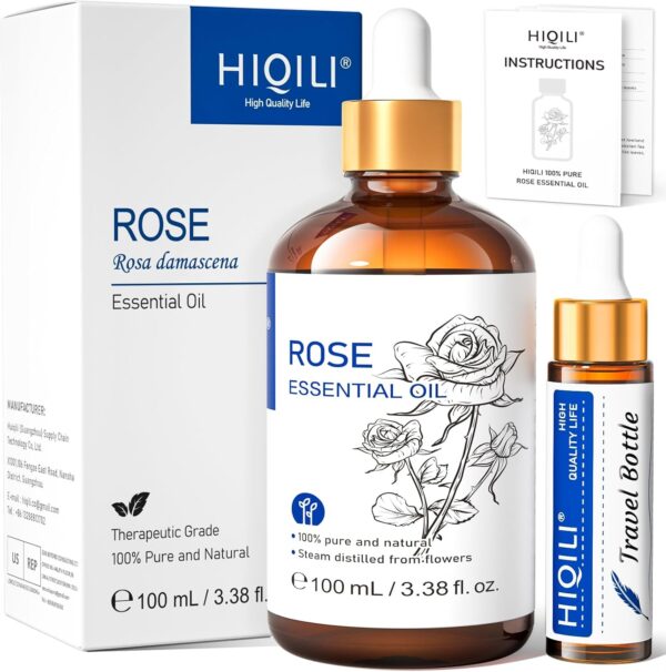 HIQILI Natural Rose Essential Oil for Relaxation – 100% Pure Aromatherapy Oil, Therapeutic & Calming Benefits