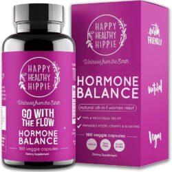 Happy Healthy Hippie Hormone Balance – natural PMS & menopause support supplement with 60 vegan capsules for hormonal wellness.