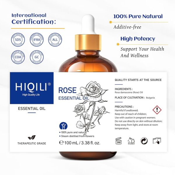 HIQILI Natural Rose Essential Oil for Relaxation – 100% Pure Aromatherapy Oil, Therapeutic & Calming Benefits