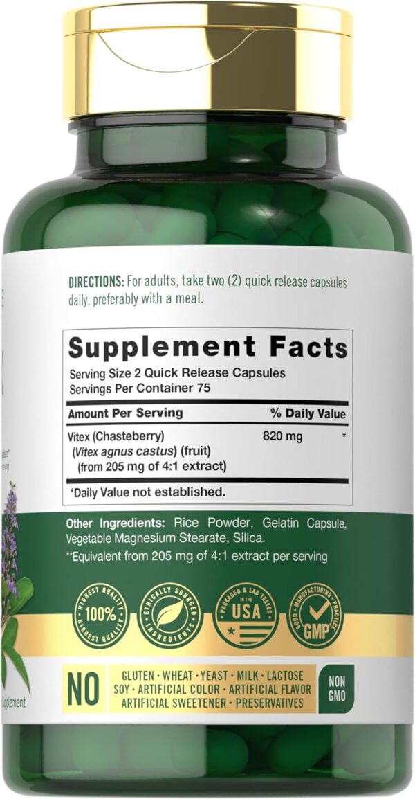 Supplement facts and ingredients of Carlyle Chasteberry, featuring pure Vitex Agnus-Castus extract.