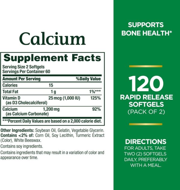 Nature's Bounty Calcium Plus Vitamin D3 Softgels, Bone Health & Immune Support, 120 Softgels