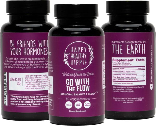 Happy Healthy Hippie Hormone Balance – natural PMS & menopause support supplement with 60 vegan capsules for hormonal wellness.