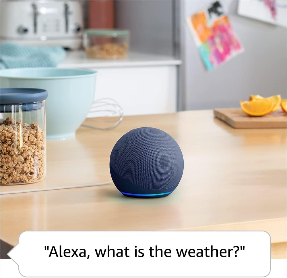 Person asking Alexa for the weather using an Amazon Echo Dot