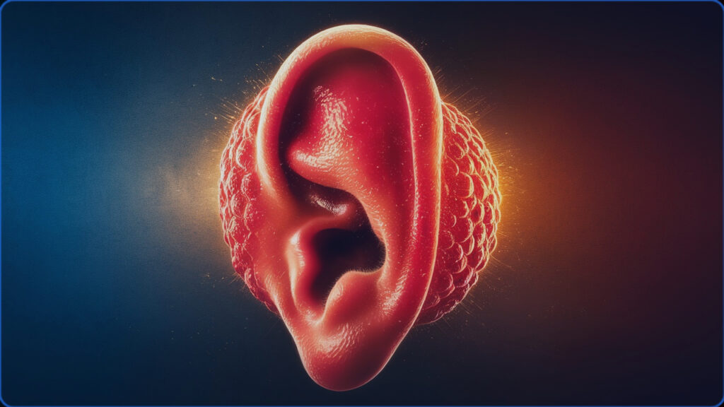 Close-up image of an ear showing signs of infection, with redness and inflammation around the ear canal and outer ear area