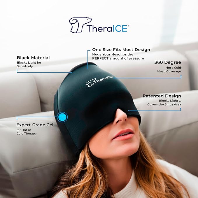 TheraICE Migraine Relief Cap, Soothing Headache Hat Ice Pack Mask, Face Cold Compress Cooling Gel Head Wrap Products for Tension, Stress & Hangover